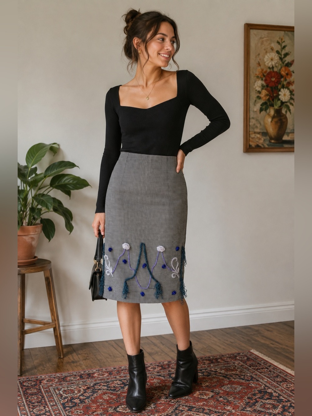 Handmade Gray High-Waist Embroidered Pencil Skirt Size S or M Cottagecore
